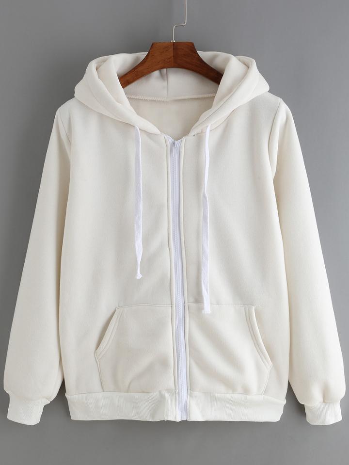 Romwe Hoooded Zipper Drawstring White Sweatshirt