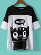 Romwe Colour-block Cat Print T-shirt