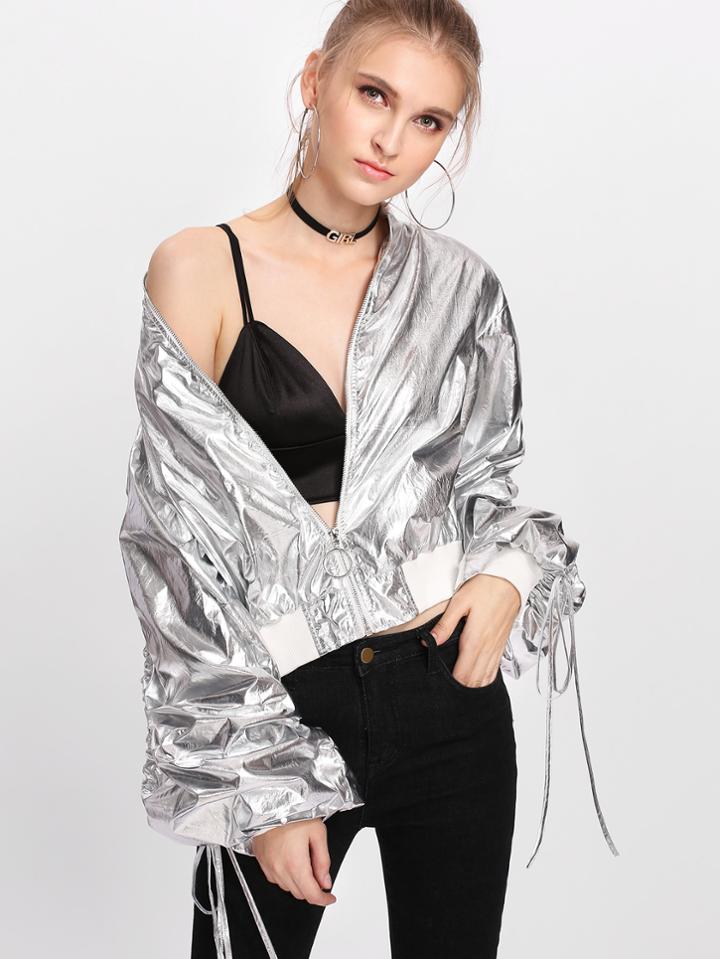 Romwe Exaggerated Drawstring Sleeve Metallic Bomber Jacket