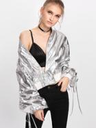 Romwe Exaggerated Drawstring Sleeve Metallic Bomber Jacket