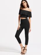 Romwe Black Off The Shoulder Ruffle Crop Top With Pants
