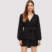 Romwe Surplice Neck Solid Ruffle Romper
