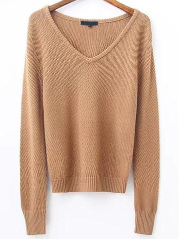 Romwe Khaki V Neck Ribbed Trim Knitwear