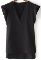 Romwe Black V Neck Short Sleeve Casual Blouse