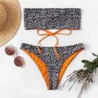 Romwe Snakeskin Print Bandeau With High Cut Bikini Set