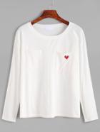 Romwe White Heart Embroidered Pockets T-shirt