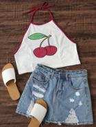 Romwe Cherry Print Ringer Crop Halter Top