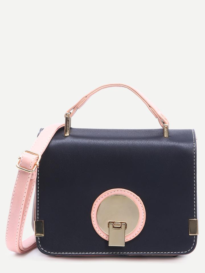 Romwe Color Block Faux Leather Metal Trim Flap Bag
