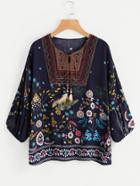 Romwe Floral Embroidered Tie Neck Top