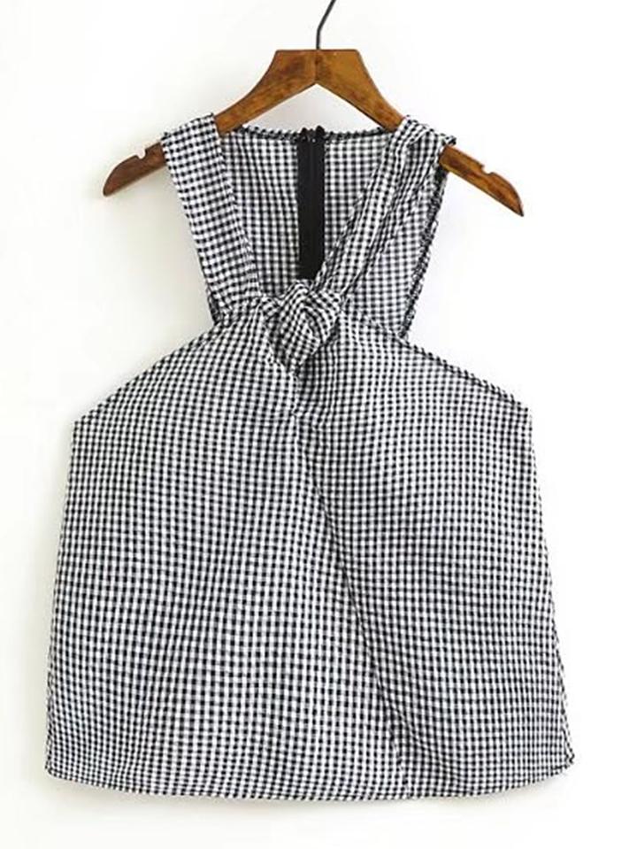 Romwe Knot Detail Gingham Sleeveless Top