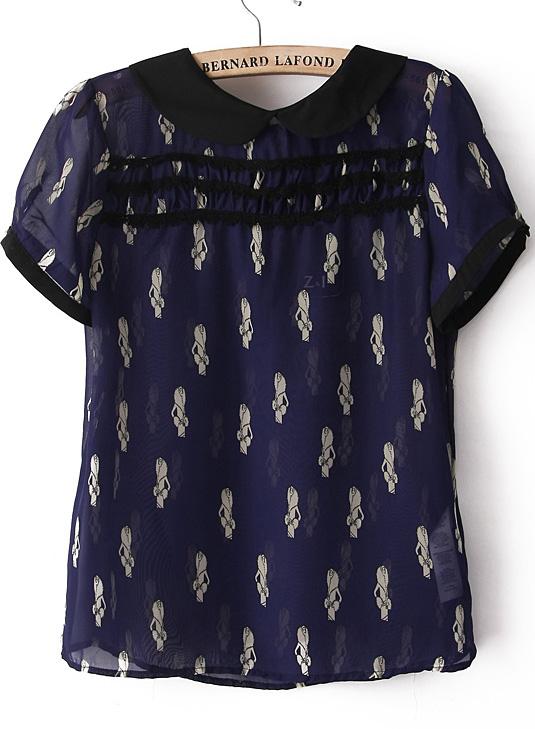 Romwe Navy Lapel Short Sleeve Beauty Print Blouse