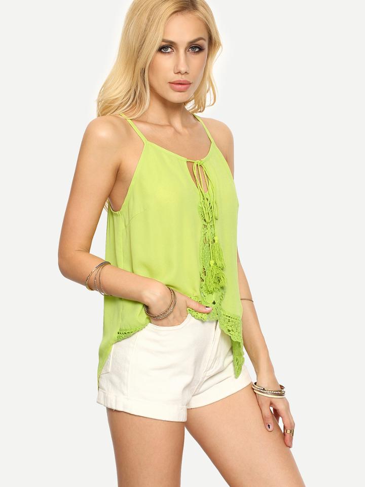 Romwe Green Spaghetti Strap Tie Crochet Trim Tank Top