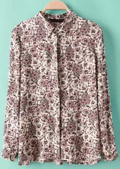 Romwe White Long Sleeve Floral Cashews Print Blouse