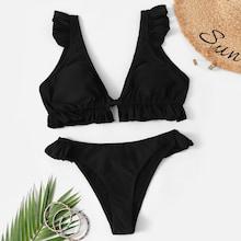 Romwe Ruffle Plunge Top With Cheeky Bikini Set