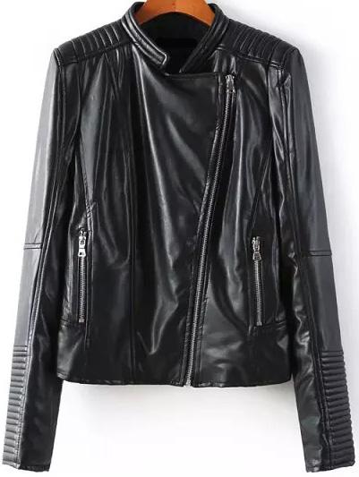 Romwe Stand Collar Zipper Pu Crop Jacket