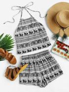 Romwe Mixed Print Self Tie Halter Top And Shorts Set