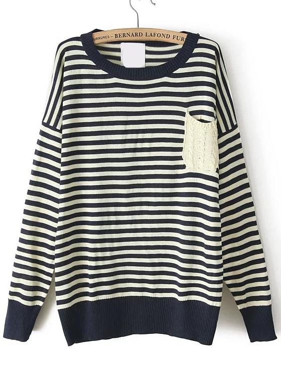 Romwe Dropped Shoulder Seam Striped Contrast Pocket Sweater