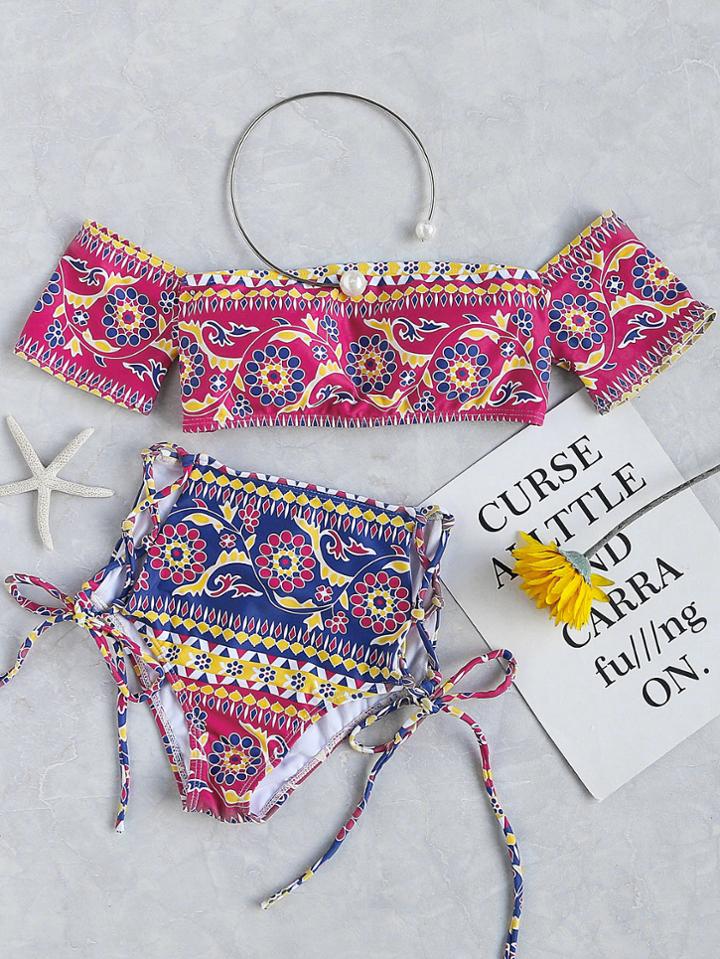 Romwe Graphic Print Bardot Lace Up High Waist Bikini Set