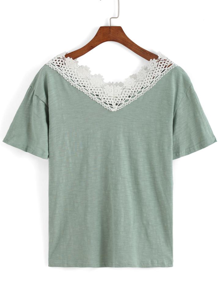 Romwe Contrast Lace V Neck T-shirt