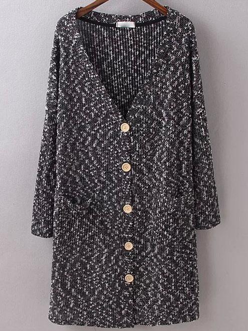Romwe Buttons Pockets Long Black Cardigan