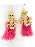 Romwe Red Owl Pearl Tassel Earrings