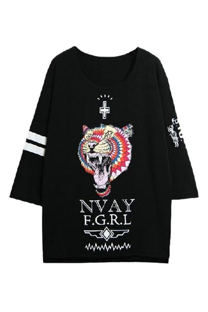 Romwe Tiger Print Cropped Black T-shirt