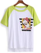 Romwe Minnie Print Dip Hem Green T-shirt