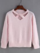 Romwe Criss Cross V Neck Pink Sweater