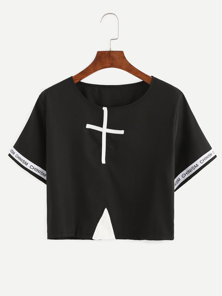 Romwe Cross Patch Woven Tape Embellished Crop T-shirt - Black