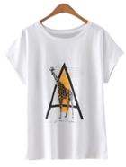 Romwe White Short Sleeve Letter Deer Print T-shirt