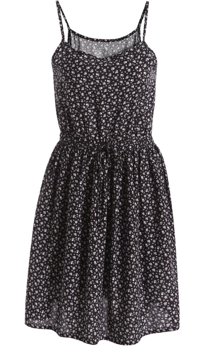 Romwe Black Spaghetti Strap Floral Flare Dress