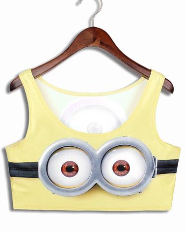 Romwe Yellow Scoop Neck Minion Print Crop Tank Top