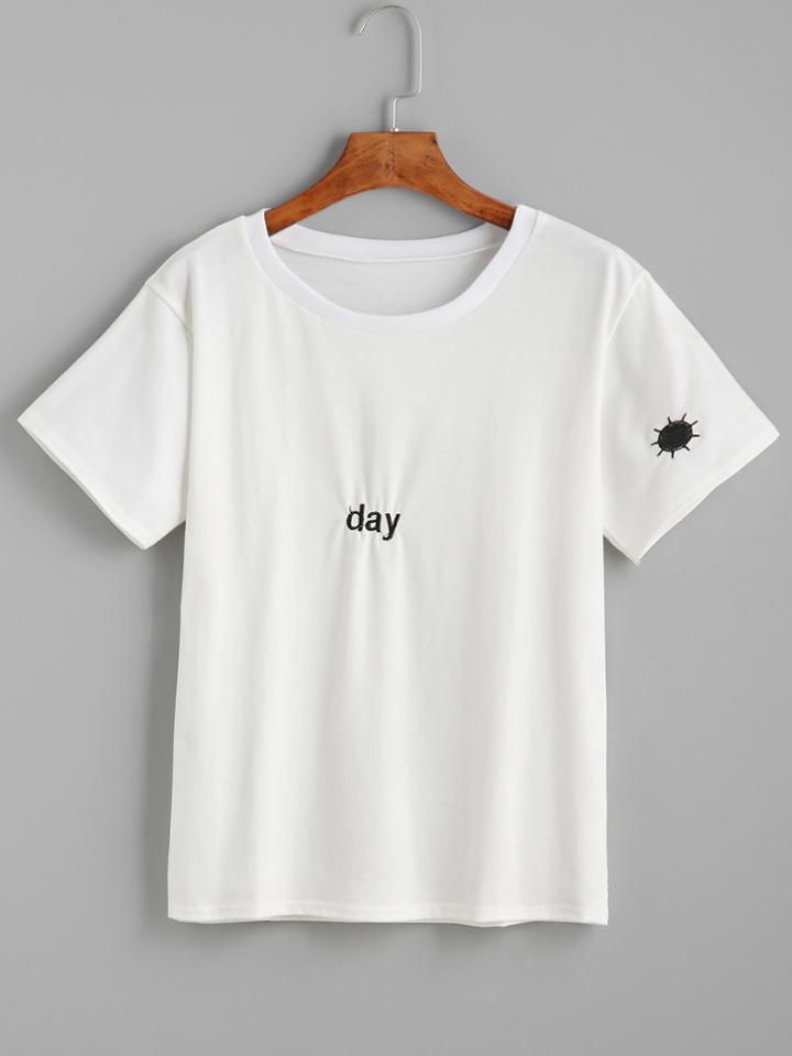 Romwe White Letter Embroidered T-shirt