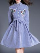 Romwe Blue Striped Birds Embroidered Tie-waist Dress
