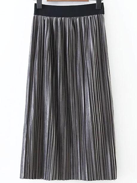 Romwe Grey Elastic Waist Pleated Long Skirt