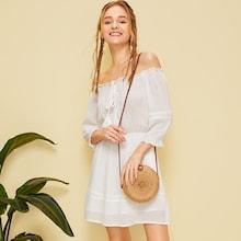 Romwe Fringe Detail Tie Neck Off The Shoulder Dress