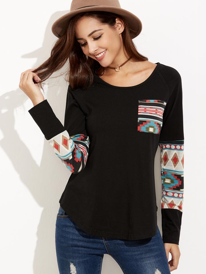 Romwe Black Curved Hem Pocket T-shirt With Tribal Print Detail