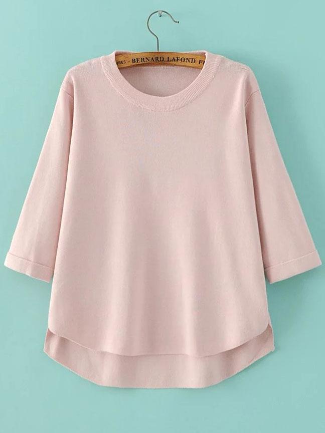 Romwe Pink Crew Neck Three Quarter Sleeve Dip Hem Sweater