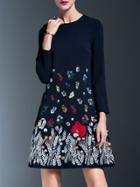 Romwe Navy Flowers Embroidered Shift Dress