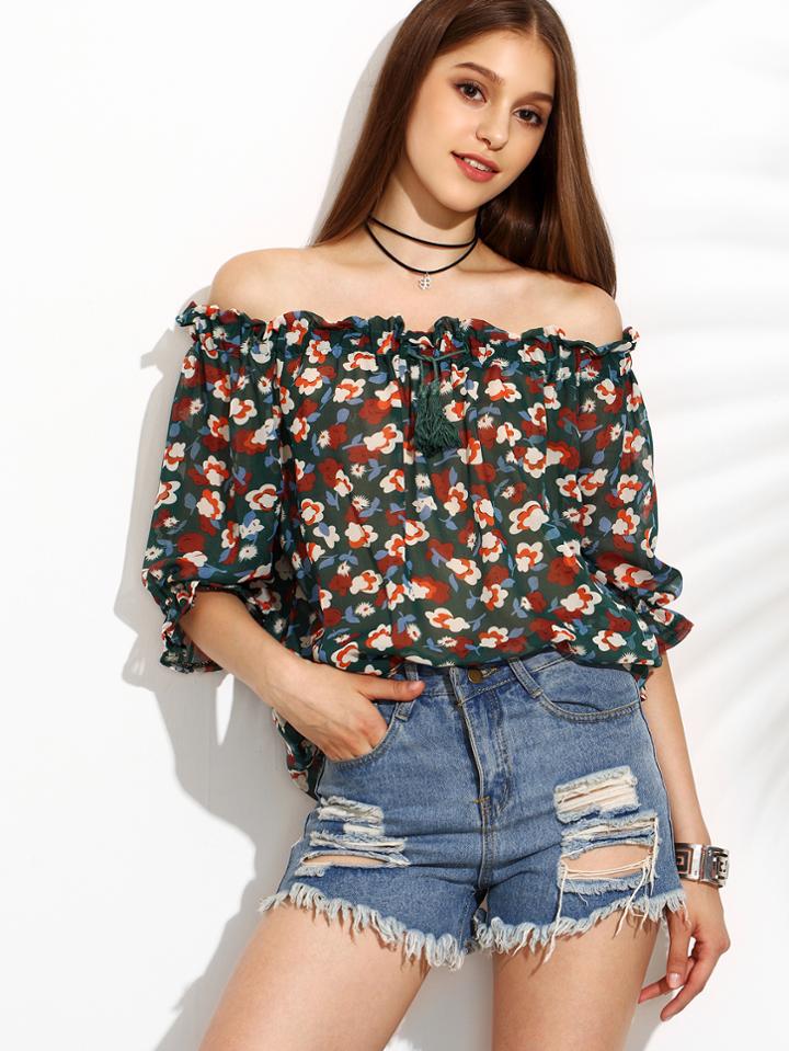 Romwe Green Flower Print Ruffle Off The Shoulder Shoulder Top