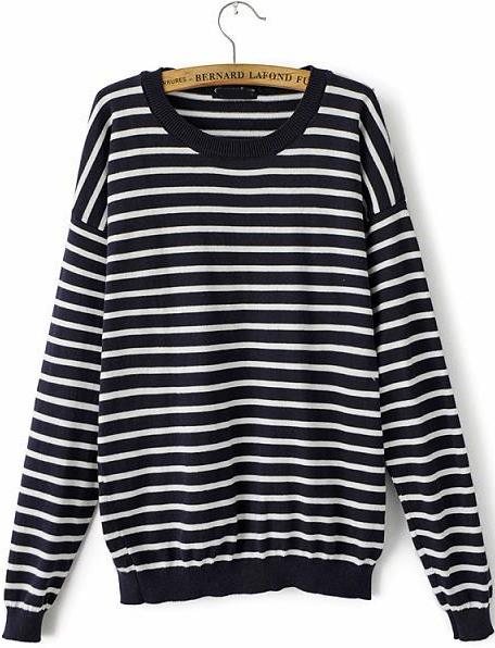 Romwe Elbow Patch Striped Loose Navy Sweater
