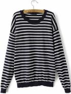 Romwe Elbow Patch Striped Loose Navy Sweater