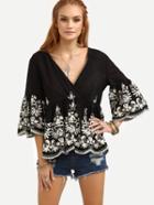 Romwe V-neck Bell Sleeve Embroidered Swing Top - Black