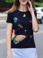 Romwe Navy Flowers Applique Beading Sequined Knit Sweatshirt