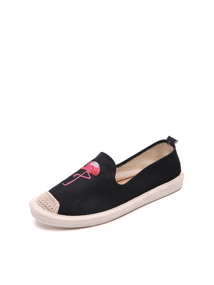Romwe Flamingo Embroidered Cap Toe Flats