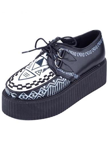 Romwe Black Geometric Print Lace Up Heavy-bottomed Flats