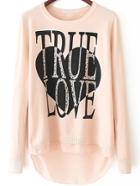 Romwe Chiffon Hem Letter Print Buttons Pink Sweater