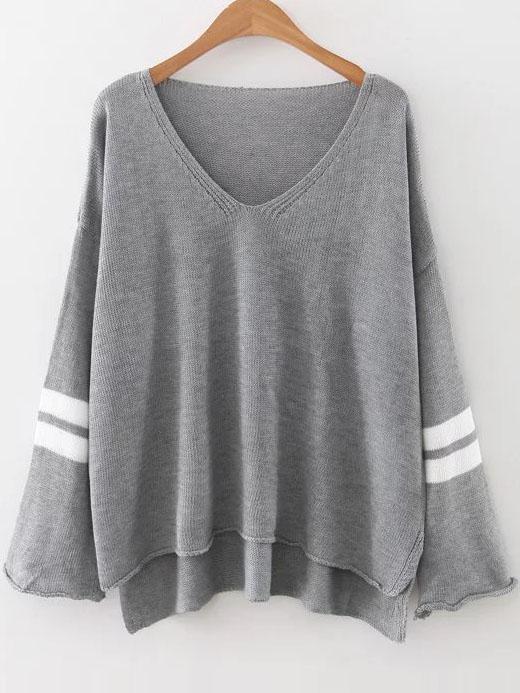 Romwe Grey Striped V Neck High Low Sweater