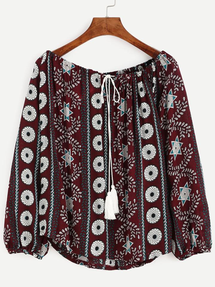 Romwe Burgundy Geometric Print Tie Neck Fringe Blouse