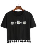Romwe Flower Print Fringe Black T-shirt